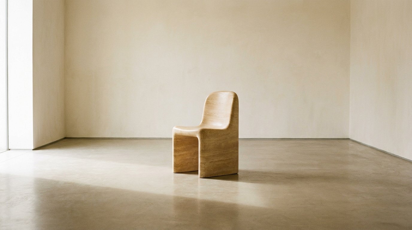 A sculptural travertine chair standing alone in an empty ivory gallery space